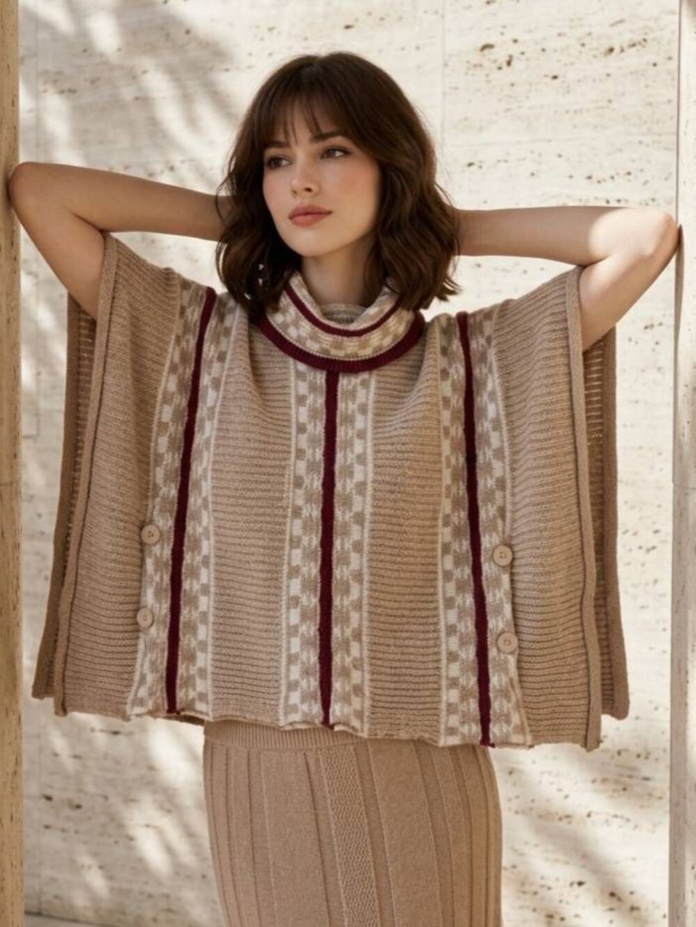 💜Yaira Wine & Taupe Ultra Soft Knit Cowl Neck Poncho One Size